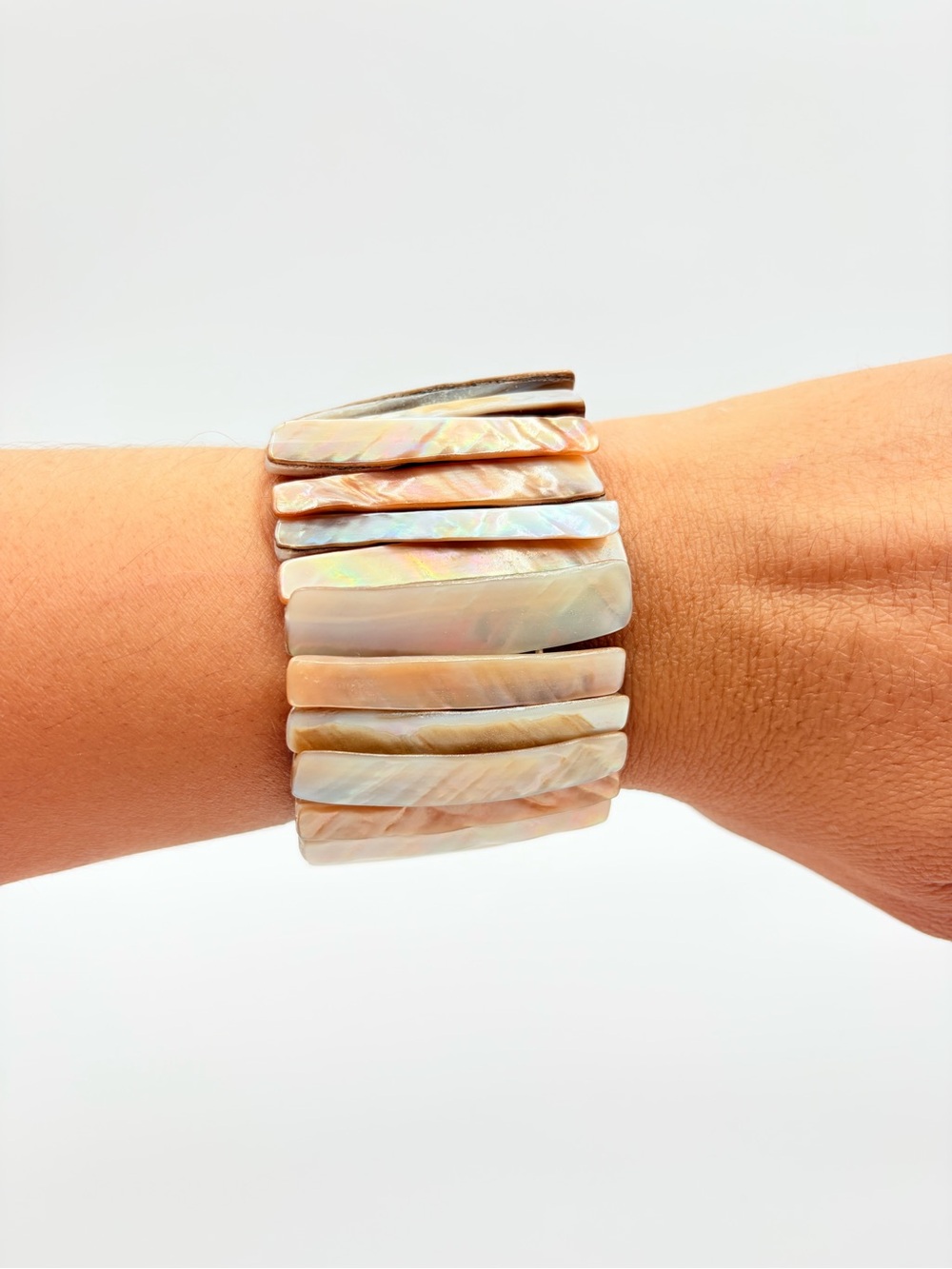 Natural Mother of Pearl Shell Stretch Cuff Bracelet Iridescent
